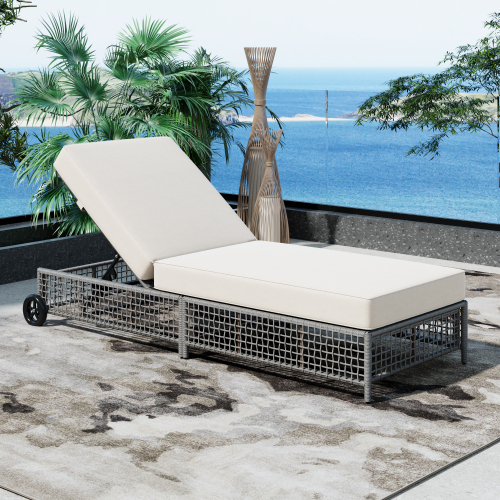 Outdoor Lounge Chair, Patio Chaise Lounge with 5-Position Backrest, Rattan Outdoor Lounge Chair with Cushion and Wheels for Poolside, Backyard, Garden (Grey+Beige)