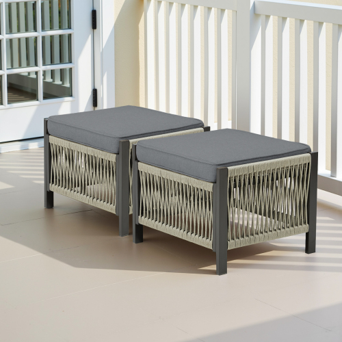 Outdoor PE Wicker Ottomans Set of 2, Patio Rattan Footrests with Gray Cushion for Backyard or Deck