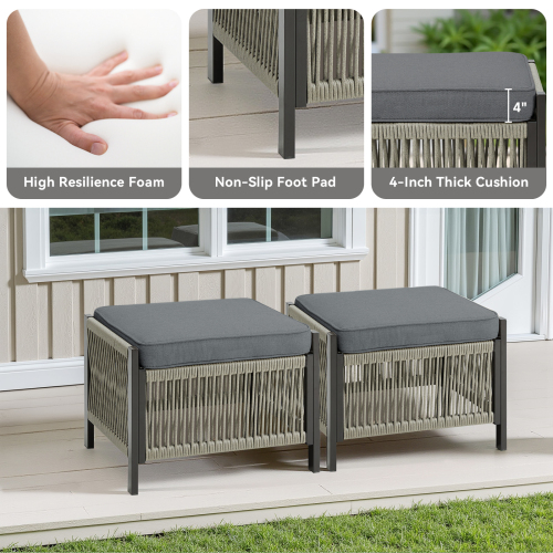 Outdoor PE Wicker Ottomans Set of 2, Patio Rattan Footrests with Gray Cushion for Backyard or Deck