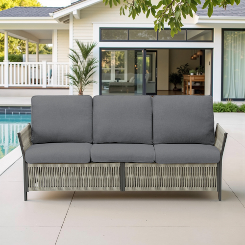 73.6" Outdoor Patio Sofa, 3-Seat Rattan Couch with Gray Cushions Ideal for Balcony or Porch