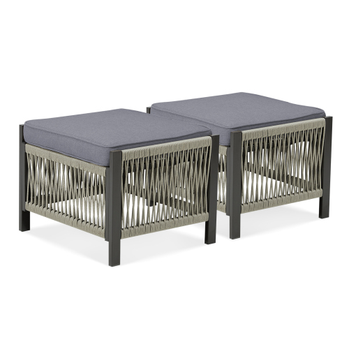 Outdoor PE Wicker Ottomans Set of 2, Patio Rattan Footrests with Gray Cushion for Backyard or Deck