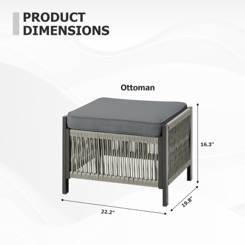 Outdoor PE Wicker Ottomans Set of 2, Patio Rattan Footrests with Gray Cushion for Backyard or Deck