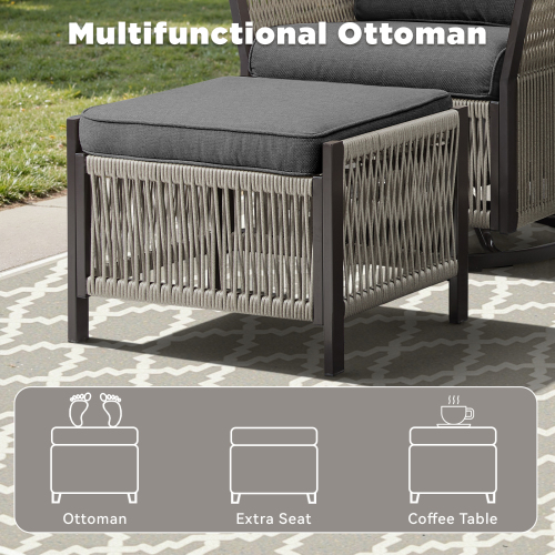 Outdoor PE Wicker Ottomans Set of 2, Patio Rattan Footrests with Gray Cushion for Backyard or Deck