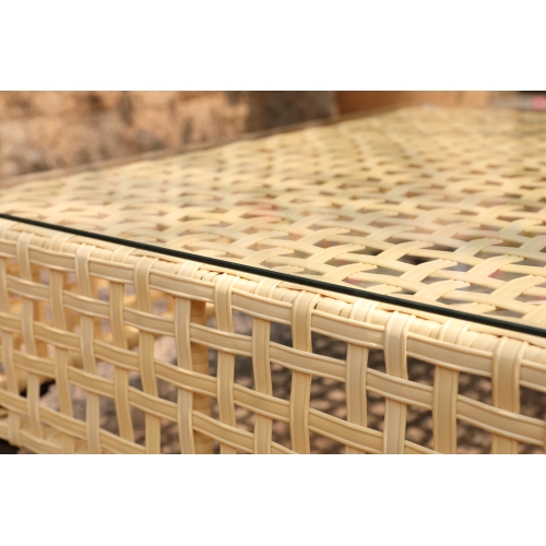 Outdoor Patio Coffee Table with Tempered Glass Top, Handwoven PE Wicker Patio Table with Metal Frame, All-Weather Rattan Coffee Table for Patio Furniture, Balcony, Backyard or Garden