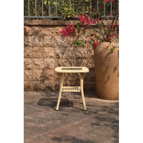 Outdoor Wicker Patio Side Table with Tempered Glass Top, 2-Tier Patio End Table with Storage Shelf, All-Weather PE Rattan Small Patio Table for Balcony, Backyard, Garden, Porch