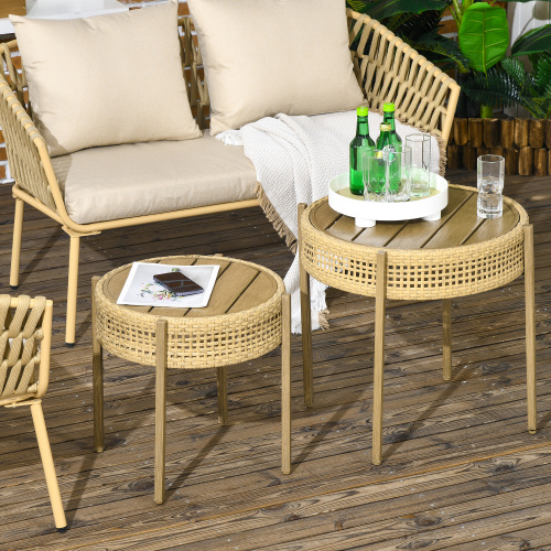 2 Piece Wicker Patio Table Set, PE Rattan End Table Set, Outdoor Round Coffee Table Set, Multi-Functional, Slatted Metal Top, Brown