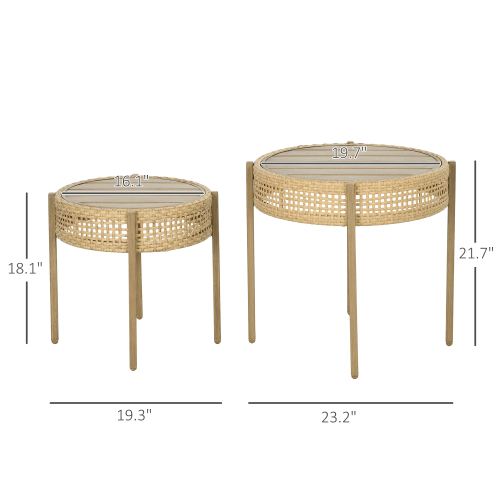 2 Piece Wicker Patio Table Set, PE Rattan End Table Set, Outdoor Round Coffee Table Set, Multi-Functional, Slatted Metal Top, Brown