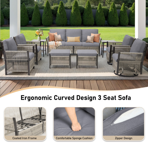 73.6" Outdoor Patio Sofa, 3-Seat Rattan Couch with Gray Cushions Ideal for Balcony or Porch