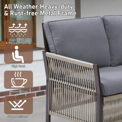 73.6" Outdoor Patio Sofa, 3-Seat Rattan Couch with Gray Cushions Ideal for Balcony or Porch