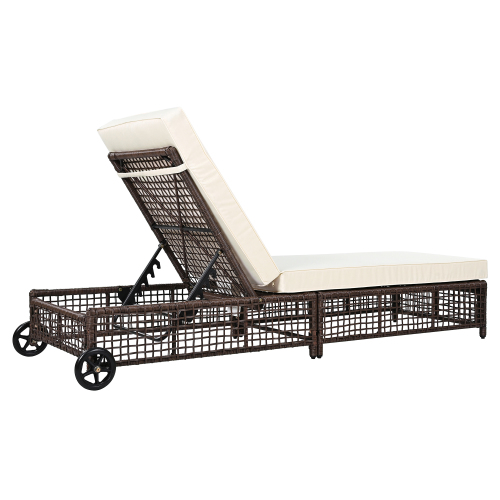 Outdoor Lounge Chair, Patio Chaise Lounge with 5-Position Backrest, Rattan Outdoor Lounge Chair with Cushion and Wheels for Poolside, Backyard, Garden (Brown+Beige)