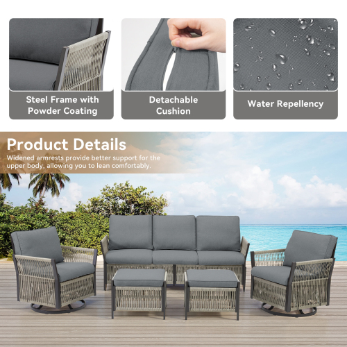 73.6" Outdoor Patio Sofa, 3-Seat Rattan Couch with Gray Cushions Ideal for Balcony or Porch