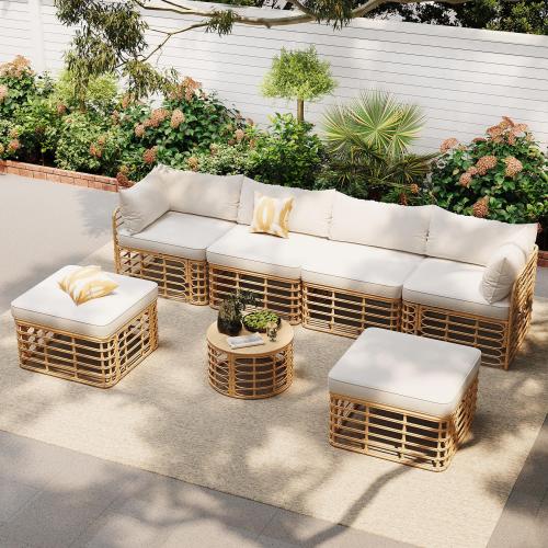 7 Pieces Outdoor Patio Furniture, All-Weather Rattan Sectional Sofa Set with Thick Cushions and Pillows, Freely Combined Conversation Sets for Garden, Backyard, Balcony, Beige