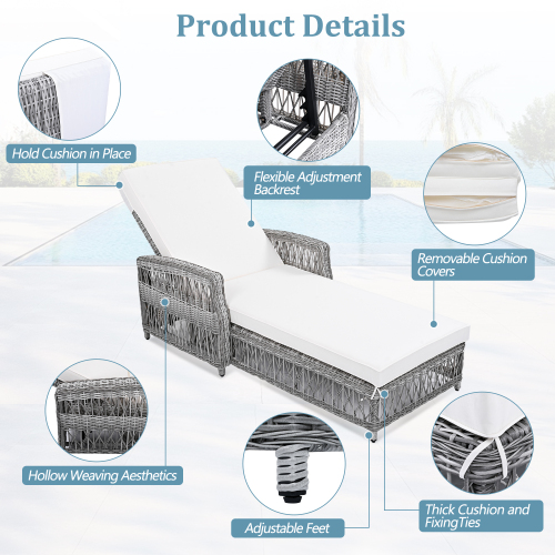 Outdoor Long Reclining Chaise, Wicker Lounge with Armrests, Patio Adjustable Recliner with Soft Removable Cushions, All Weather Rattan Pool Lounge for Poolside & Garden, Beige