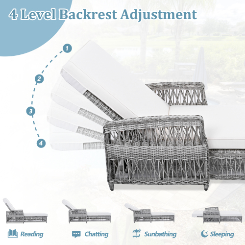 Outdoor Long Reclining Chaise, Wicker Lounge with Armrests, Patio Adjustable Recliner with Soft Removable Cushions, All Weather Rattan Pool Lounge for Poolside & Garden, Beige