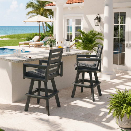 Outdoor Swivel Bar Stools, Slate Grey HDPE High-Density Polyethylene Patio Bar Chair with 360° Swivel & Ladderback, All-Weather Bar Height Stool for Deck, Porch, Poolside, Hot-Embossed Wood Grain