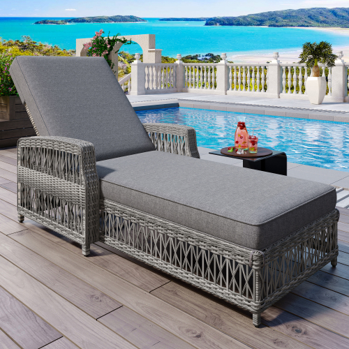 Outdoor Long Reclining Chaise, Wicker Lounge with Armrests, Patio Adjustable Recliner with Soft Removable Cushions, All Weather Rattan Pool Lounge for Poolside & Garden, Gray