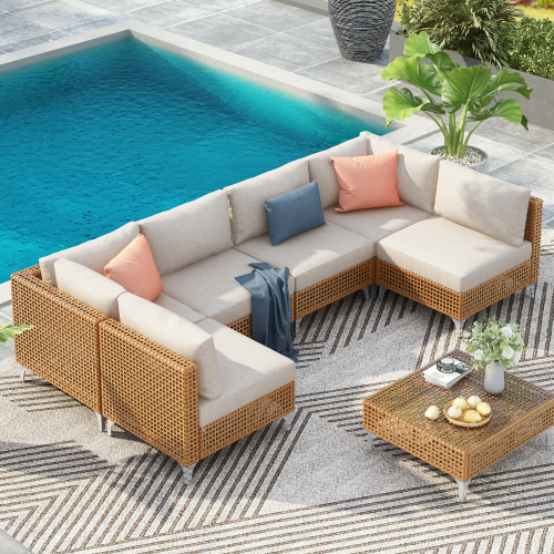 7-Piece Wicker Patio Furniture Set, Outdoor Conversation Set Sectional Sofa with Water Resistant Beige Thick Cushions and Coffee Table for Outdoor Couch, Porch, Backyard - Beige
