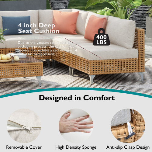 7-Piece Wicker Patio Furniture Set, Outdoor Conversation Set Sectional Sofa with Water Resistant Beige Thick Cushions and Coffee Table for Outdoor Couch, Porch, Backyard - Beige