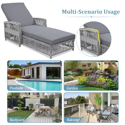 Outdoor Long Reclining Chaise, Wicker Lounge with Armrests, Patio Adjustable Recliner with Soft Removable Cushions, All Weather Rattan Pool Lounge for Poolside & Garden, Gray