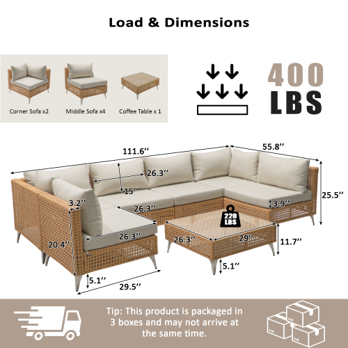 7-Piece Wicker Patio Furniture Set, Outdoor Conversation Set Sectional Sofa with Water Resistant Beige Thick Cushions and Coffee Table for Outdoor Couch, Porch, Backyard - Beige