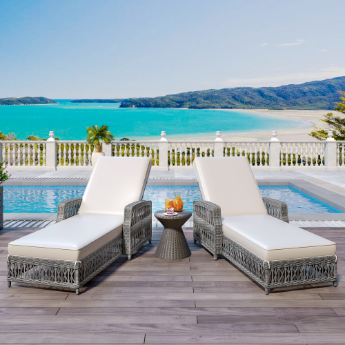 2 Pieces Long Reclining Chaise, Outdoor Wicker Lounge with Armrests, Patio Adjustable Recliner with Soft Removable Cushions, All Weather Rattan Pool Lounge for Poolside & Garden, Beige