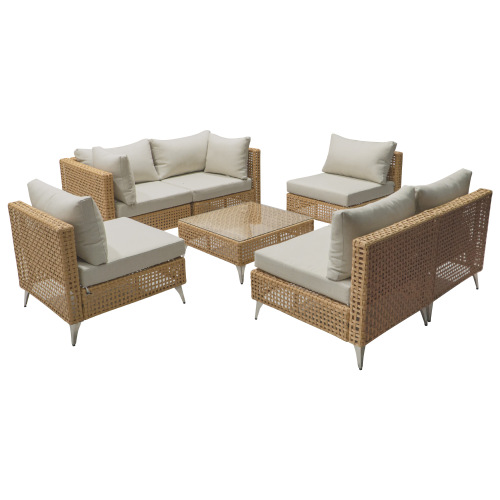 7-Piece Wicker Patio Furniture Set, Outdoor Conversation Set Sectional Sofa with Water Resistant Beige Thick Cushions and Coffee Table for Outdoor Couch, Porch, Backyard - Beige