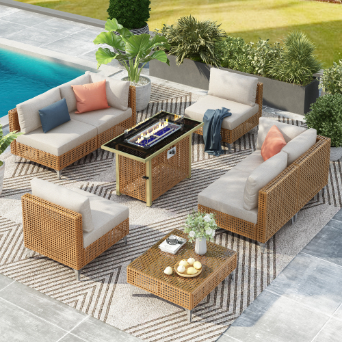 patio 8-Piece Patio Furniture Set with 43" Fire Pit Table, Outdoor Conversation Set & 60,000 BTU 43 Inch Rectangle Propane Fire Pit with Water Resistant Beige Thick Cushions, Beige
