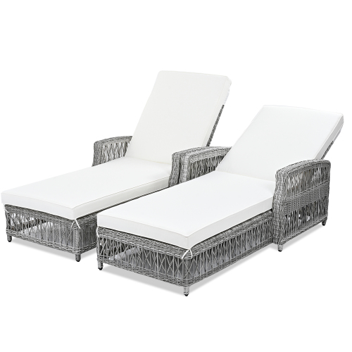 2 Pieces Long Reclining Chaise, Outdoor Wicker Lounge with Armrests, Patio Adjustable Recliner with Soft Removable Cushions, All Weather Rattan Pool Lounge for Poolside & Garden, Beige