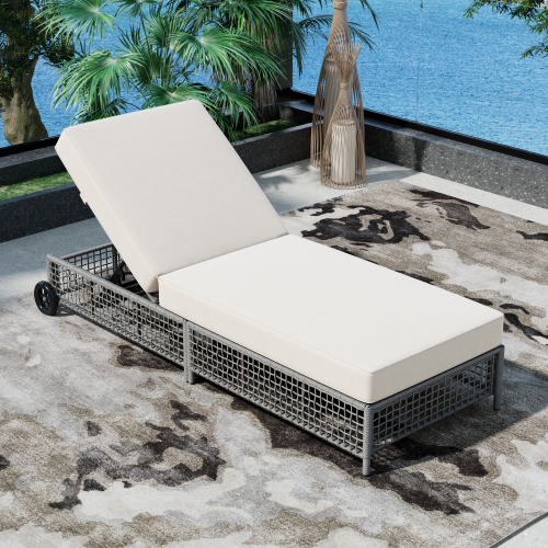 Outdoor Lounge Chair, Patio Chaise Lounge with 5-Position Backrest, Rattan Outdoor Lounge Chair with Cushion and Wheels for Poolside, Backyard, Garden (Grey+Beige)