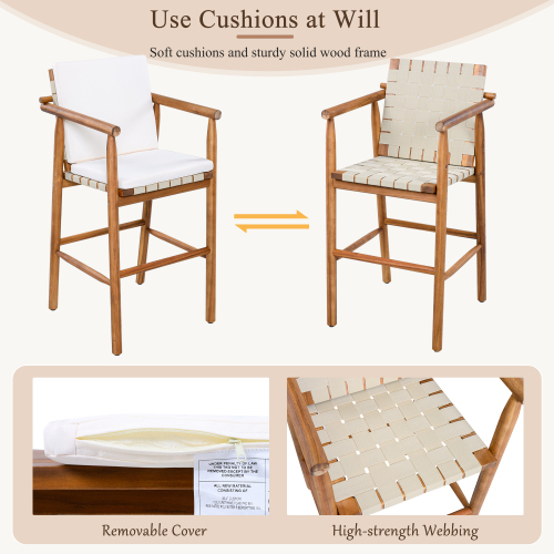 Outdoor Counter Height Bar Stools Chair Set of 2, Modern Patio Acacia Wooden Stools with Backrest Arm and Webbing Seat, for Patio, Pool, Garden, Beige Cushions Included