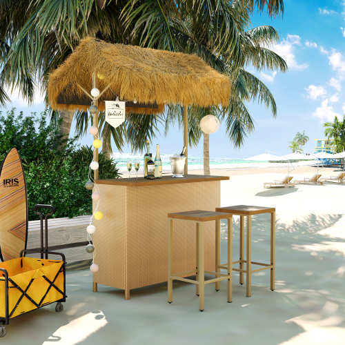 Hawaiian-style Bar Height Patio Set with PE Grass Canopy, Outdoor Bar Table and Stools with Adjustable Feet, Acacia Wood Top, for Dining and Drinking, Natural