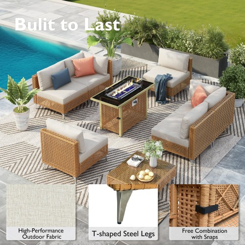 patio 8-Piece Patio Furniture Set with 43" Fire Pit Table, Outdoor Conversation Set & 60,000 BTU 43 Inch Rectangle Propane Fire Pit with Water Resistant Beige Thick Cushions, Beige