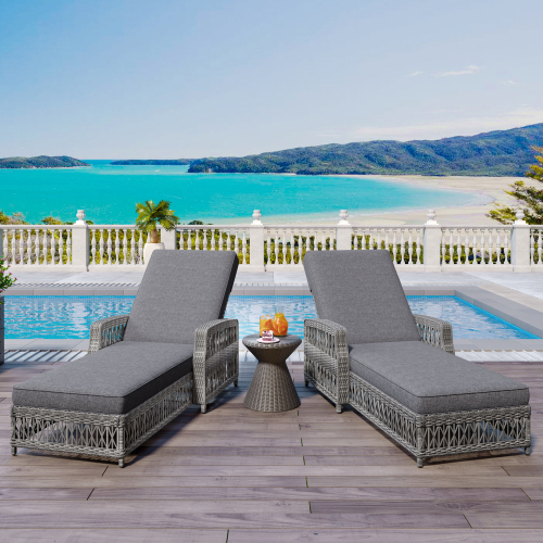 2 Pieces Long Reclining Chaise, Outdoor Wicker Lounge with Armrests, Patio Adjustable Recliner with Soft Removable Cushions, All Weather Rattan Pool Lounge for Poolside & Garden, Gray