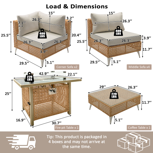 patio 8-Piece Patio Furniture Set with 43" Fire Pit Table, Outdoor Conversation Set & 60,000 BTU 43 Inch Rectangle Propane Fire Pit with Water Resistant Beige Thick Cushions, Beige