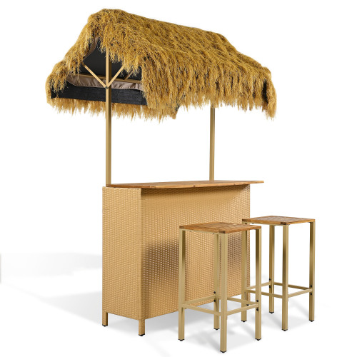 Hawaiian-style Bar Height Patio Set with PE Grass Canopy, Outdoor Bar Table and Stools with Adjustable Feet, Acacia Wood Top, for Dining and Drinking, Natural