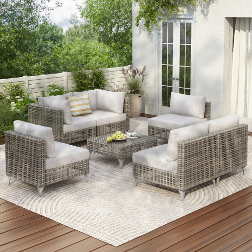 7-Piece Wicker Patio Furniture Set, Outdoor Conversation Set Sectional Sofa with Water Resistant Grey Thick Cushions and Coffee Table for Outdoor Couch, Porch, Backyard - Grey