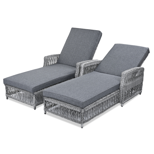 2 Pieces Long Reclining Chaise, Outdoor Wicker Lounge with Armrests, Patio Adjustable Recliner with Soft Removable Cushions, All Weather Rattan Pool Lounge for Poolside & Garden, Gray
