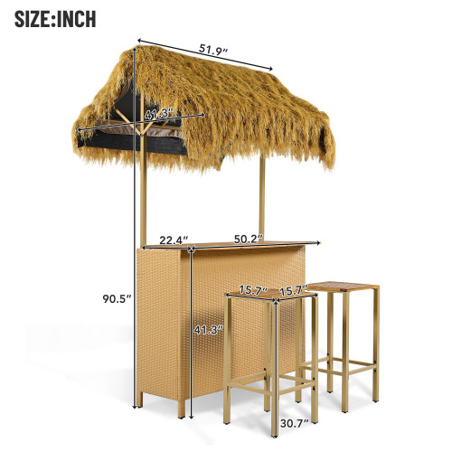 Hawaiian-style Bar Height Patio Set with PE Grass Canopy, Outdoor Bar Table and Stools with Adjustable Feet, Acacia Wood Top, for Dining and Drinking, Natural
