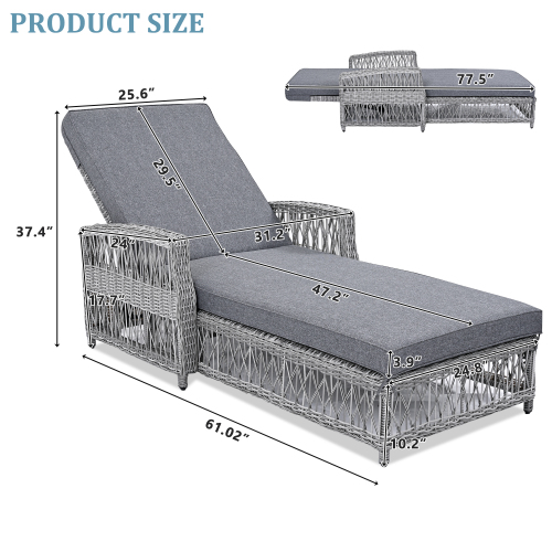 2 Pieces Long Reclining Chaise, Outdoor Wicker Lounge with Armrests, Patio Adjustable Recliner with Soft Removable Cushions, All Weather Rattan Pool Lounge for Poolside & Garden, Gray
