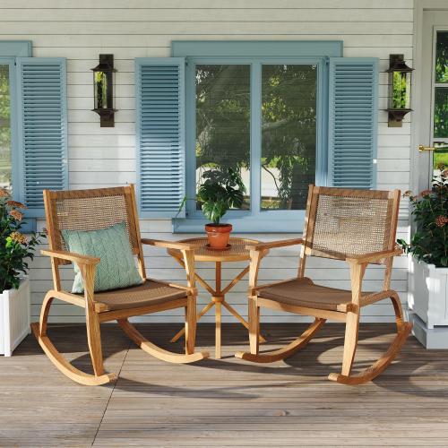 2 Pieces Patio Rocking Chair Set, Acacia Wood Outdoor Rockers with Wicker Rattan Seat & Backrest, Comfortable Garden Porch Chairs for Backyard, Balcony, and Poolside, Natural
