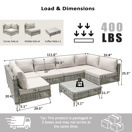 7-Piece Wicker Patio Furniture Set, Outdoor Conversation Set Sectional Sofa with Water Resistant Grey Thick Cushions and Coffee Table for Outdoor Couch, Porch, Backyard - Grey