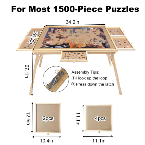 27" H Tall 1500 Piece Puzzle Table with Legs, 5 Drawers, 34" W x 26" D Large Wood Folding Jigsaw Puzzle Board for Adults, Nature