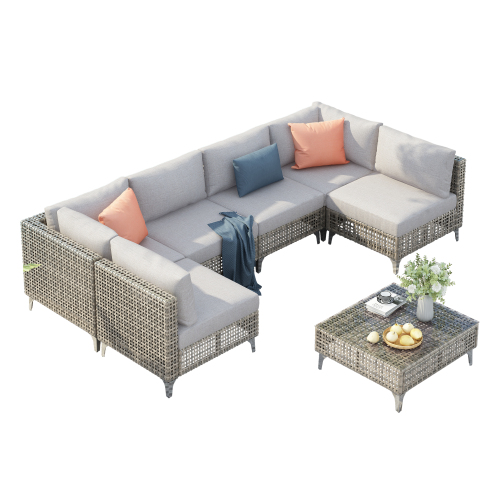 7-Piece Wicker Patio Furniture Set, Outdoor Conversation Set Sectional Sofa with Water Resistant Grey Thick Cushions and Coffee Table for Outdoor Couch, Porch, Backyard - Grey