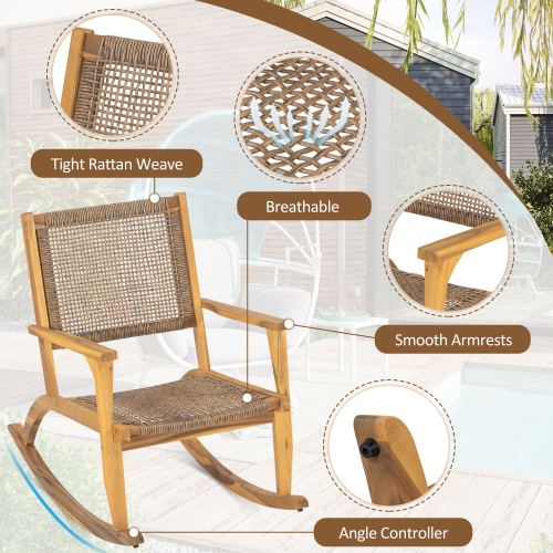 2 Pieces Patio Rocking Chair Set, Acacia Wood Outdoor Rockers with Wicker Rattan Seat & Backrest, Comfortable Garden Porch Chairs for Backyard, Balcony, and Poolside, Natural