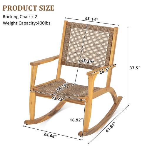 2 Pieces Patio Rocking Chair Set, Acacia Wood Outdoor Rockers with Wicker Rattan Seat & Backrest, Comfortable Garden Porch Chairs for Backyard, Balcony, and Poolside, Natural