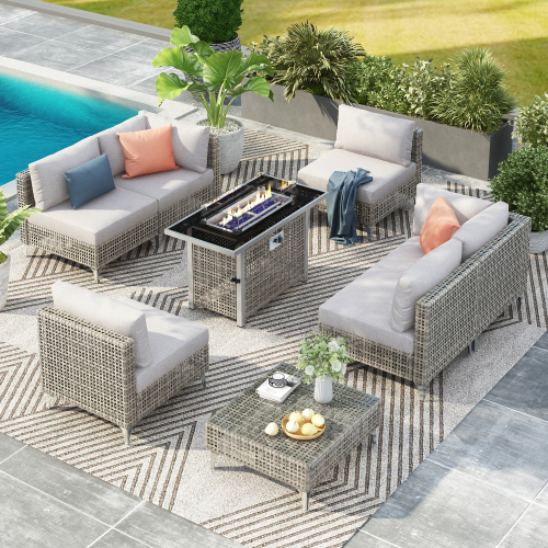patio 8-Piece Patio Furniture Set with 43" Fire Pit Table, Outdoor Conversation Set & 60,000 BTU 43 Inch Rectangle Propane Fire Pit with Water Resistant Grey Thick Cushions, Grey