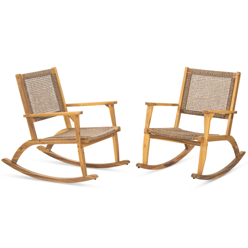 2 Pieces Patio Rocking Chair Set, Acacia Wood Outdoor Rockers with Wicker Rattan Seat & Backrest, Comfortable Garden Porch Chairs for Backyard, Balcony, and Poolside, Natural
