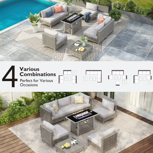 patio 8-Piece Patio Furniture Set with 43" Fire Pit Table, Outdoor Conversation Set & 60,000 BTU 43 Inch Rectangle Propane Fire Pit with Water Resistant Grey Thick Cushions, Grey