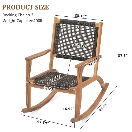 2 Pieces Patio Rocking Chair Set, Acacia Wood Outdoor Rockers with Wicker Rattan Seat & Backrest, Comfortable Garden Porch Chairs for Backyard, Balcony, and Poolside, Dark Brown