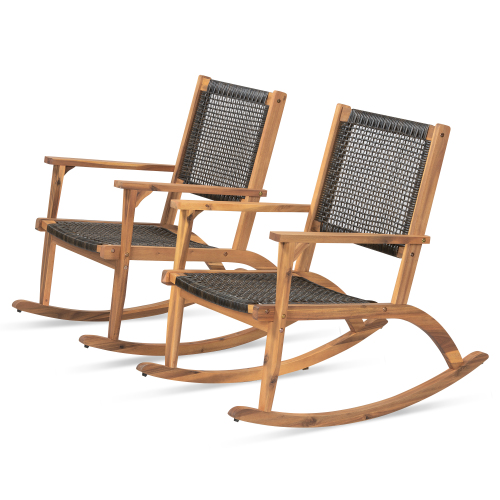 2 Pieces Patio Rocking Chair Set, Acacia Wood Outdoor Rockers with Wicker Rattan Seat & Backrest, Comfortable Garden Porch Chairs for Backyard, Balcony, and Poolside, Dark Brown